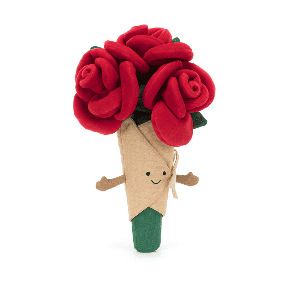 Soft Jellycat Amuseables Rose Bouquet plush toy with pink roses and green leaves, perfect for gifting or decorative display.