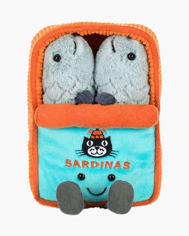 Jellycat Amuseables Sardine Tin plush toy in a colorful sardine can design, soft and playful for kids.