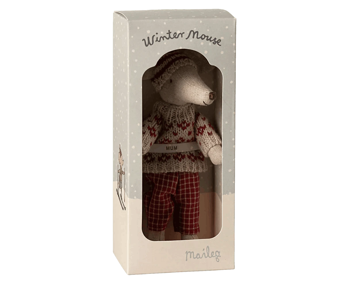 Maileg Winter mouse with ski set, Mum - Red - Caitly