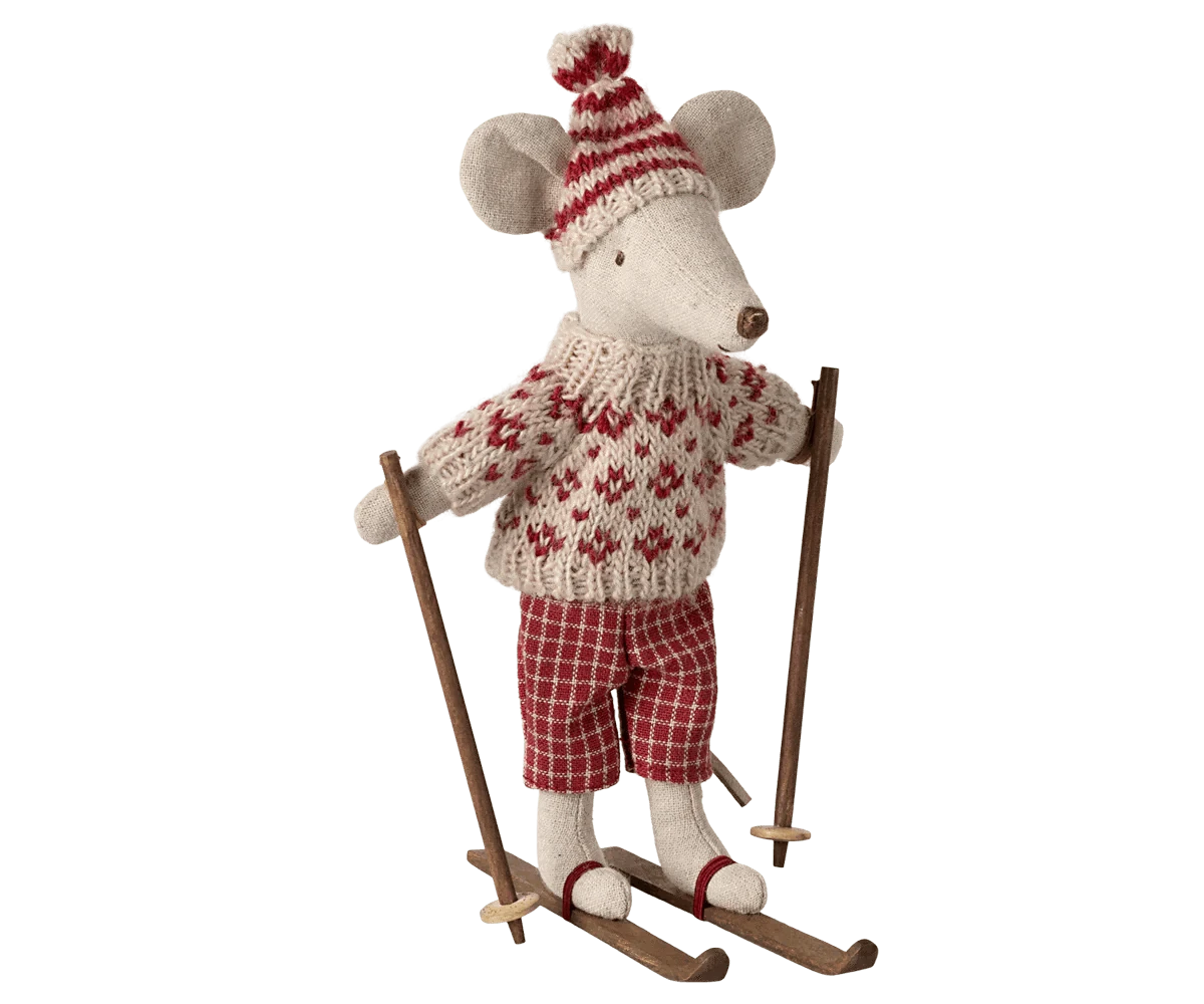 Maileg Winter mouse with ski set, Mum - Red - Caitly