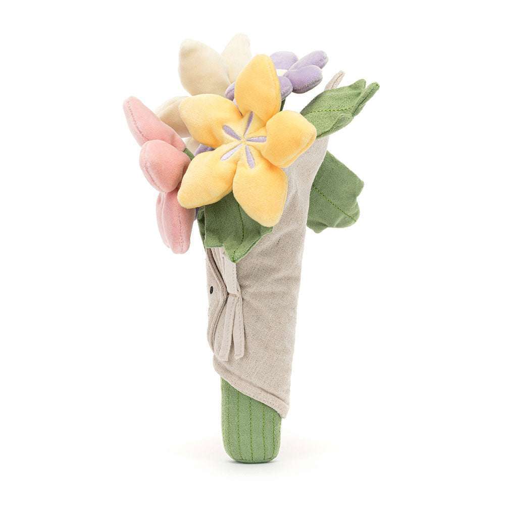 Soft Jellycat Amuseables Bouquet of Flowers plush toy with colorful fabric flowers and playful design.