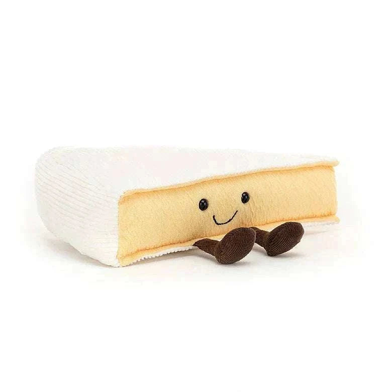 Soft Jellycat Amuseables Brie plush toy with smiling face and textured rind, perfect for imaginative play.