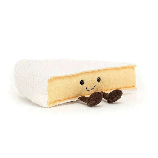 Soft Jellycat Amuseables Brie plush toy with smiling face and textured rind, perfect for imaginative play.