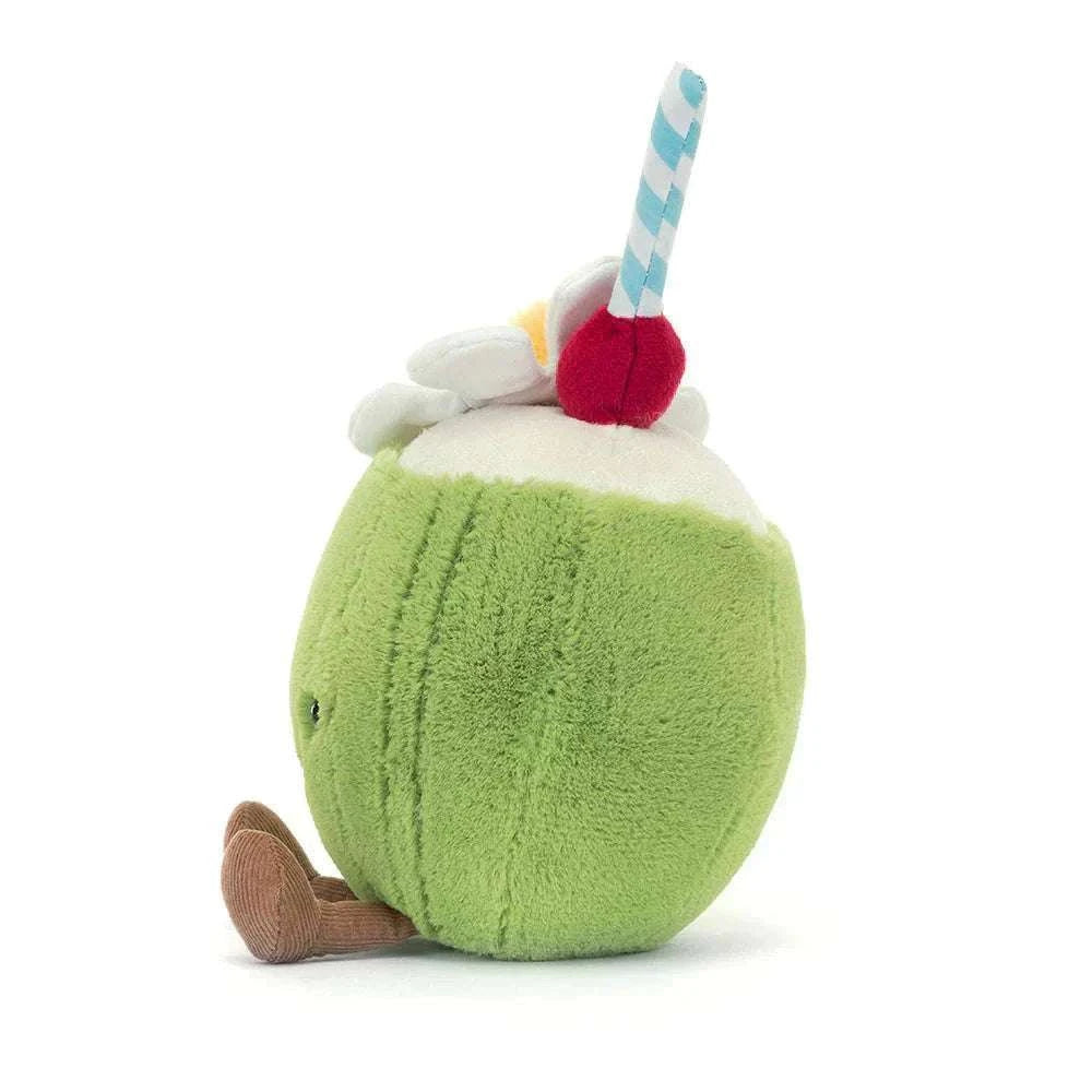 Jellycat Amuseables Aruba Coconut plush toy, soft and cuddly play accessory with a green leafy top and textured coconut shell design.