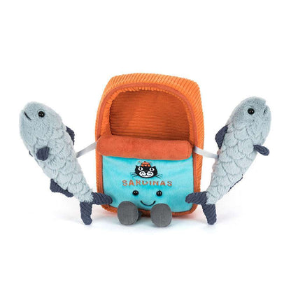 Jellycat Amuseables Sardine Tin plush toy with colorful, soft fabric and playful design, perfect for children.