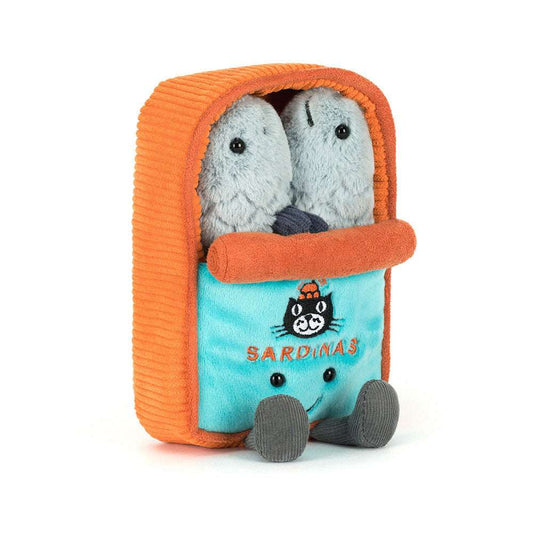 Soft plush Sardine Tin toy from Jellycat's Play Amuseables collection, featuring a colorful, whimsical sardine character.
