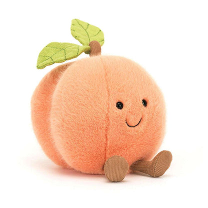 Soft Jellycat Amuseables Peach plush toy with a cute, fuzzy orange exterior and adorable facial features.