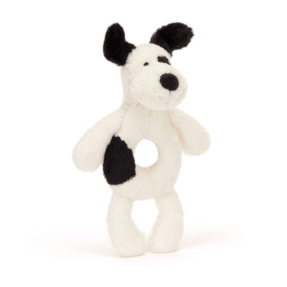 Bashful Black & Cream Puppy Ring Rattle - Caitly