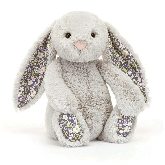 Jellycat Blossom Silver Bunny "Bloom" Medium plush toy with silver fur and soft features, perfect for cuddling.