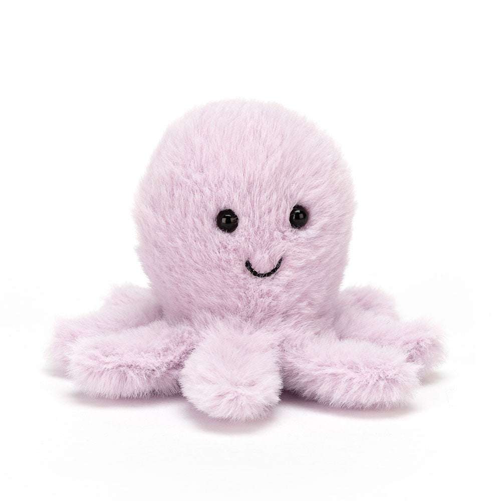 Fluffy octopus plush toy by Jellycat with soft tentacles and a smiling face, perfect for playtime cuddles.
