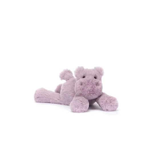 Soft Jellycat Smudge Hippo Tiny plush toy with gray fur and embroidered features, perfect for cuddling and play.