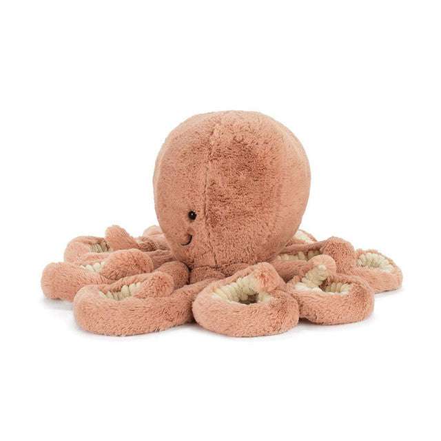 Soft Jellycat Odell Octopus Little plush toy with multicolored tentacles and embroidered face, perfect for cuddling.
