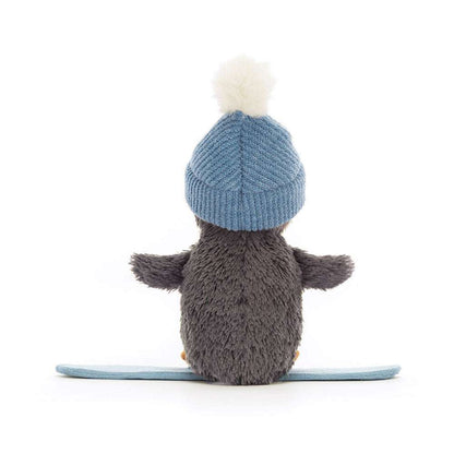 Jellycat Peanut Penguin Snowboarding plush toy with a colorful snowboard and adorable penguin design for kids.