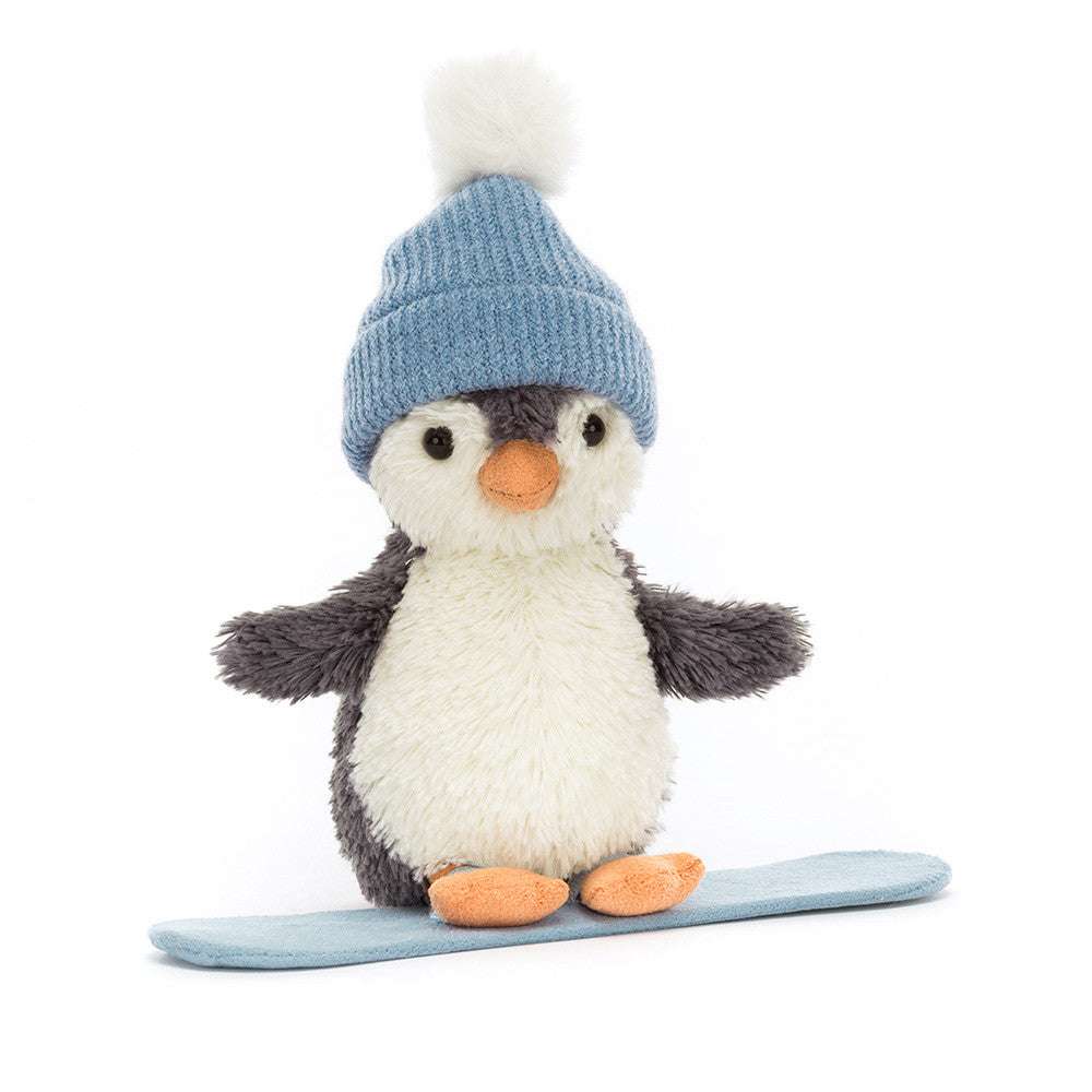 Jellycat Peanut Penguin snowboarding plush toy, soft fabric with playful design, ideal for children's play and cuddling.