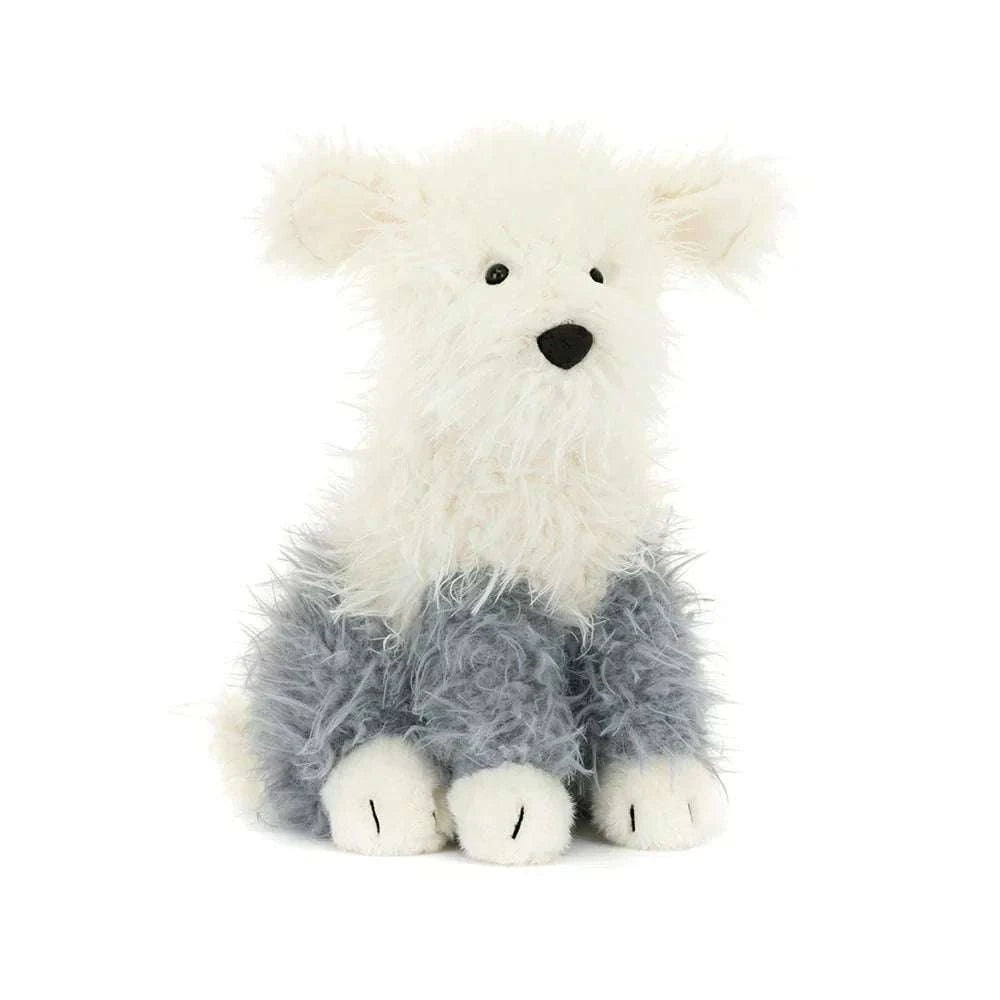 Soft Jellycat Ewert Sheepdog plush toy from the Play collection, featuring fluffy white fur and adorable sheepdog details.