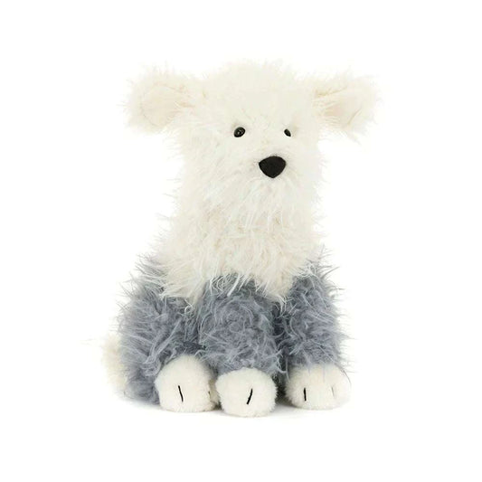 Soft Jellycat Ewert Sheepdog plush toy from the Play collection, featuring fluffy white fur and adorable sheepdog details.