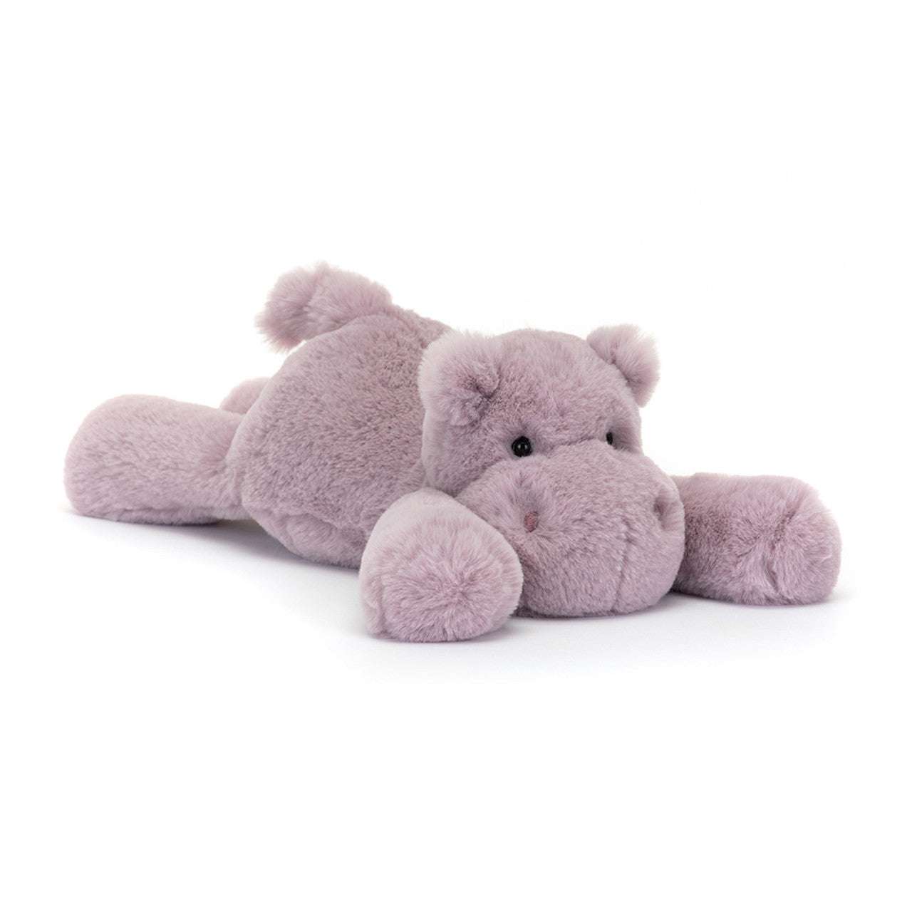 Soft Jellycat Smudge Hippo Tiny plush toy with gray fur and adorable features, perfect for cuddling and play.