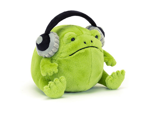 Jellycat Ricky Rain Frog headphones with colorful, playful frog design for kids, featuring soft, plush material and adjustable headband.