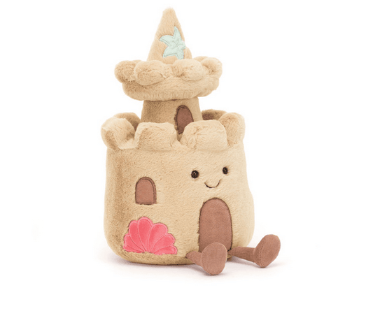Colorful Jellycat Amuseables Sandcastle plush toy, soft and cuddly play figure with detailed sandy castle design.