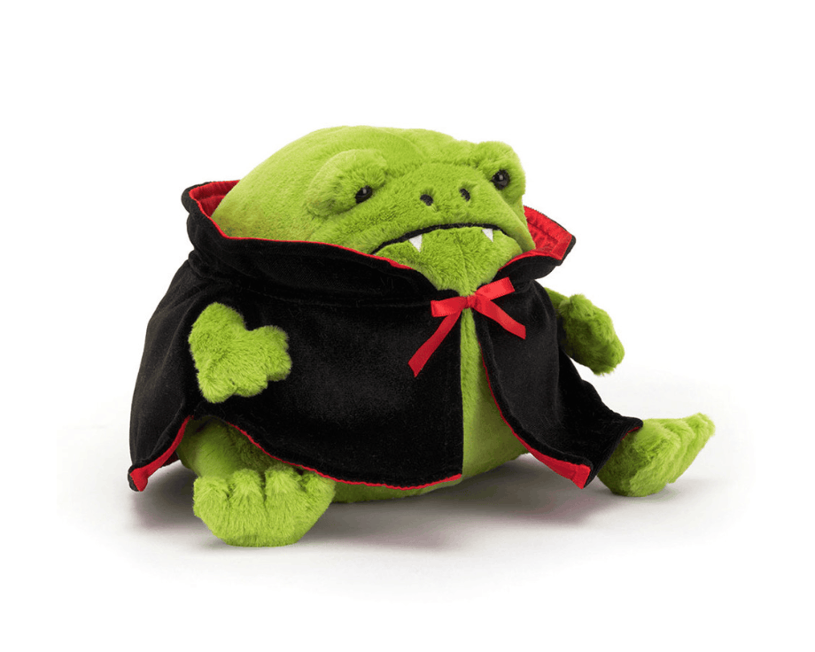Jellycat Ricky Rain Frog Vampire plush toy with bright green body and cute vampire features, soft and cuddly for kids.