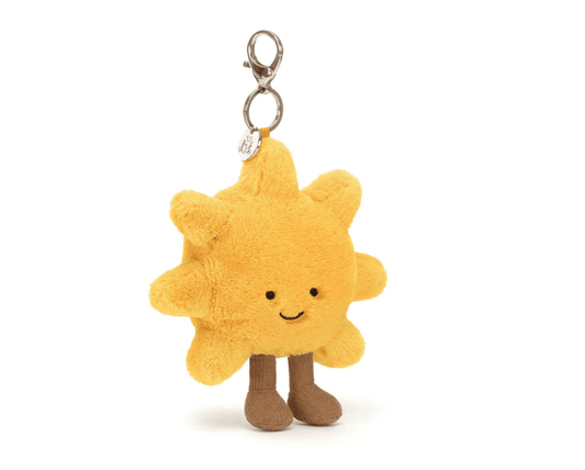 Jellycat Amuseables Sun Bag Charm featuring a colorful, plush sun design with a loop for attaching to bags or keys.