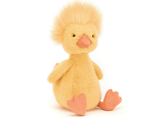 Soft Jellycat Dorit Duckling plush toy, bright yellow with orange beak, cuddly and adorable for children.
