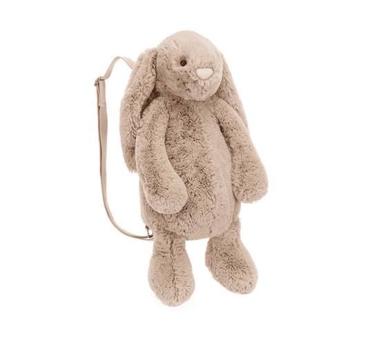 Jellycat Bashful Beige Bunny Backpack for children, soft plush toy with bunny ears and cute facial features, perfect for little ones.