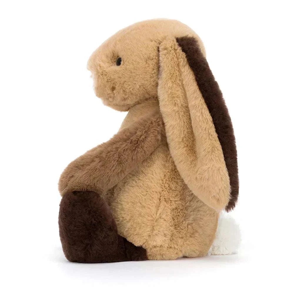 Jellycat Bashful Patchwork Brown Bunny plush toy with soft patchwork fur and floppy ears, perfect for cuddling.