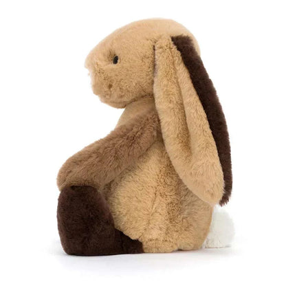 Jellycat Bashful Patchwork Brown Bunny plush toy with soft patchwork fur and floppy ears, perfect for cuddling.
