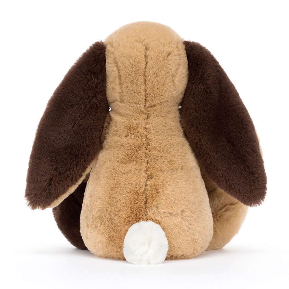 Jellycat Bashful Patchwork Brown Bunny plush toy with soft patchwork fabric and floppy ears, ideal for cuddling and play.