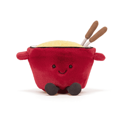 Jellycat Amuseables Cheese Fondue plush toy with soft yellow cheese and fondue pot design, perfect for cuddling and play.