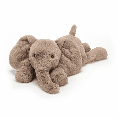 Jellycat Smudge Elephant plush toy with soft gray fur and floppy ears, perfect for cuddling and play.